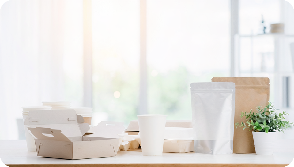 リサイクル可能な紙で作られたカップ、ボックスケースやフィルムコーティング袋など食品包装材の製品サンプル画像