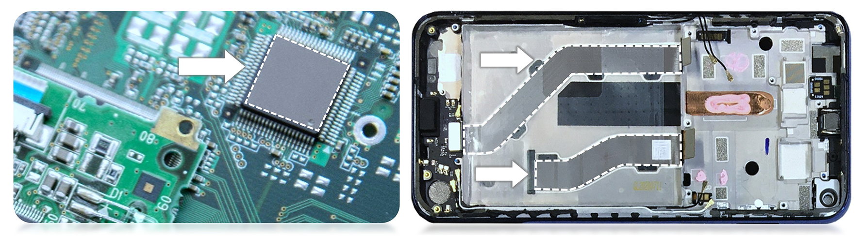 電磁波ノイズ抑制シートの使用例（ICチップ、FPC、FFC上に貼る）のイメージ図